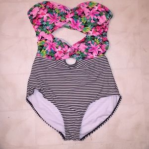 One Piece Striped and Flower Bathing Suit